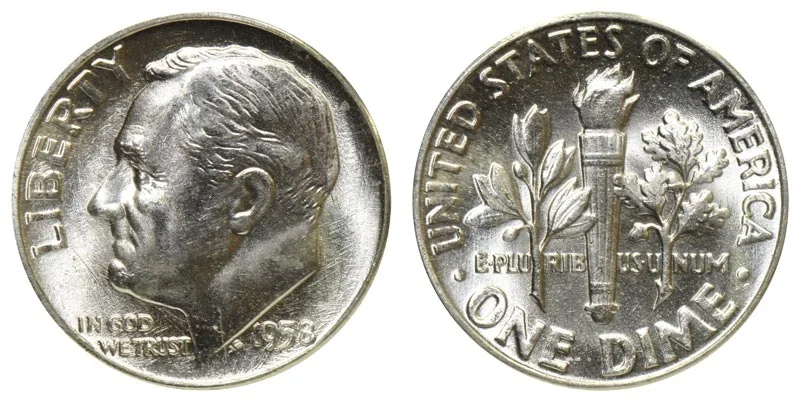 1958 Roosevelt silver dime obverse and reverse showing sharp portrait and torch design