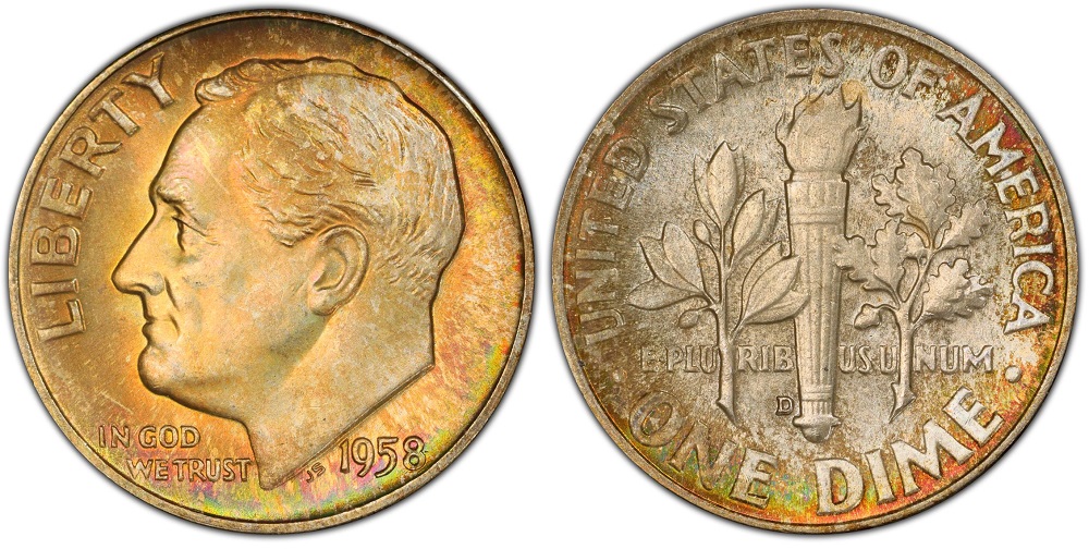 1958 Roosevelt dime torch reverse comparison showing regular merged bands vs Full Bands fully separated