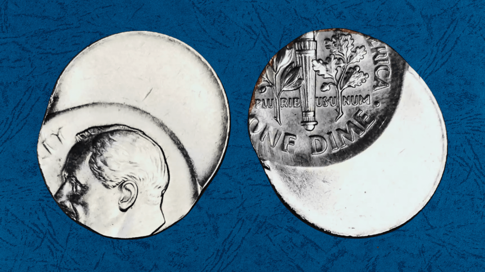 1958 Roosevelt dime off-center strike error showing shifted design and blank crescent area