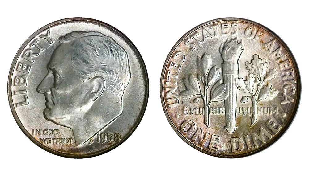 1958 Roosevelt dime die clash error showing ghost outline of opposing die design on coin surface