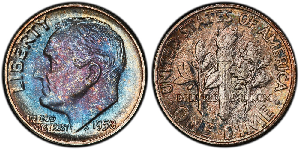 1958 Roosevelt dime grading strip showing four condition tiers from worn to gem mint state